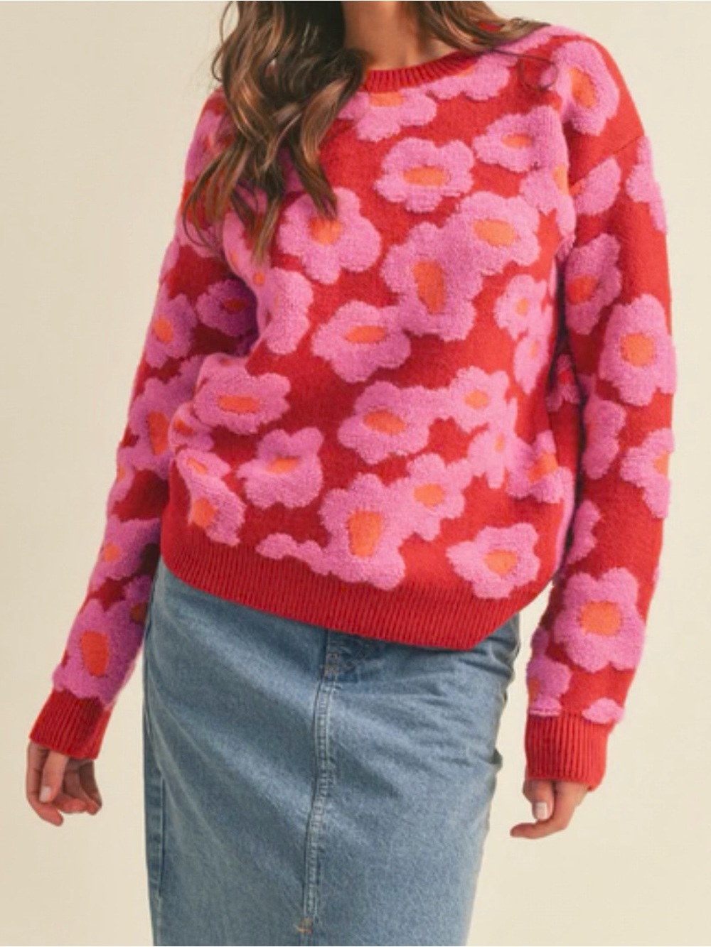 &Merci Red Floral Crewneck Sweater with Pink Pattern Size S